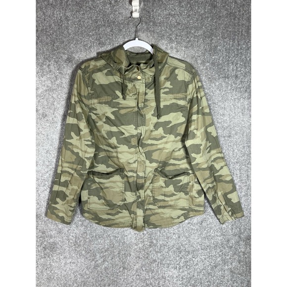 SO Y2K Camouflage Utility Jacket Womens Sz XL Green Camo Pockets Hooded Full Zip - Picture 1 of 7